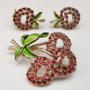 Vintage Cherries Earrings Brooch Set Rhinestone